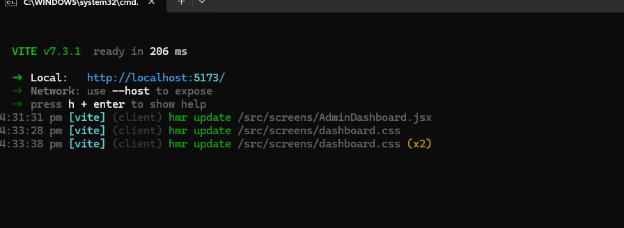 Local development environment showing the CRM admin application and backend services running together